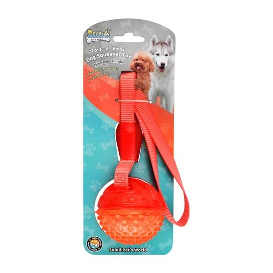 Soleil Toss-n-Floss Orange & Red Ball Dog Squeaky Toy with Nylon Band Handle